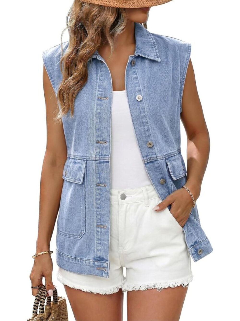 Women's Blue Casual Denim Vest Sleeveless Jacket Vest Button Down with Pockets